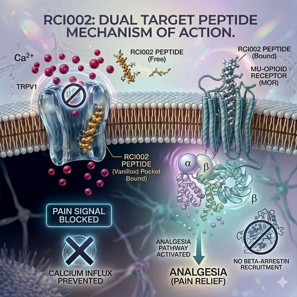 RCI002 Dual Target Peptide Mechanism of Action — TRPV1 & MOR Membrane Target